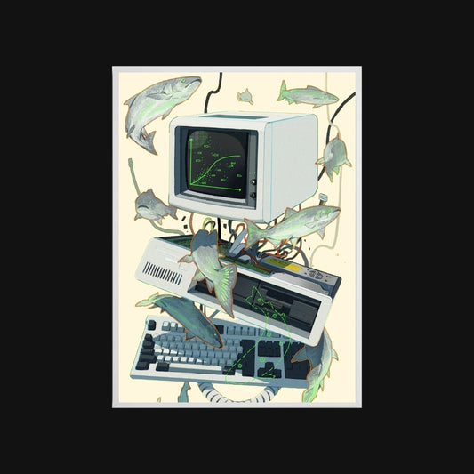 Illustration of a vintage computer with fish around it on a beige background