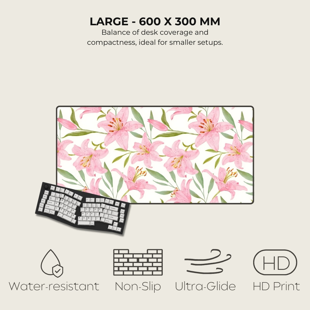 Floral desk mat with keyboard on a light background, featuring text and icons about product features.