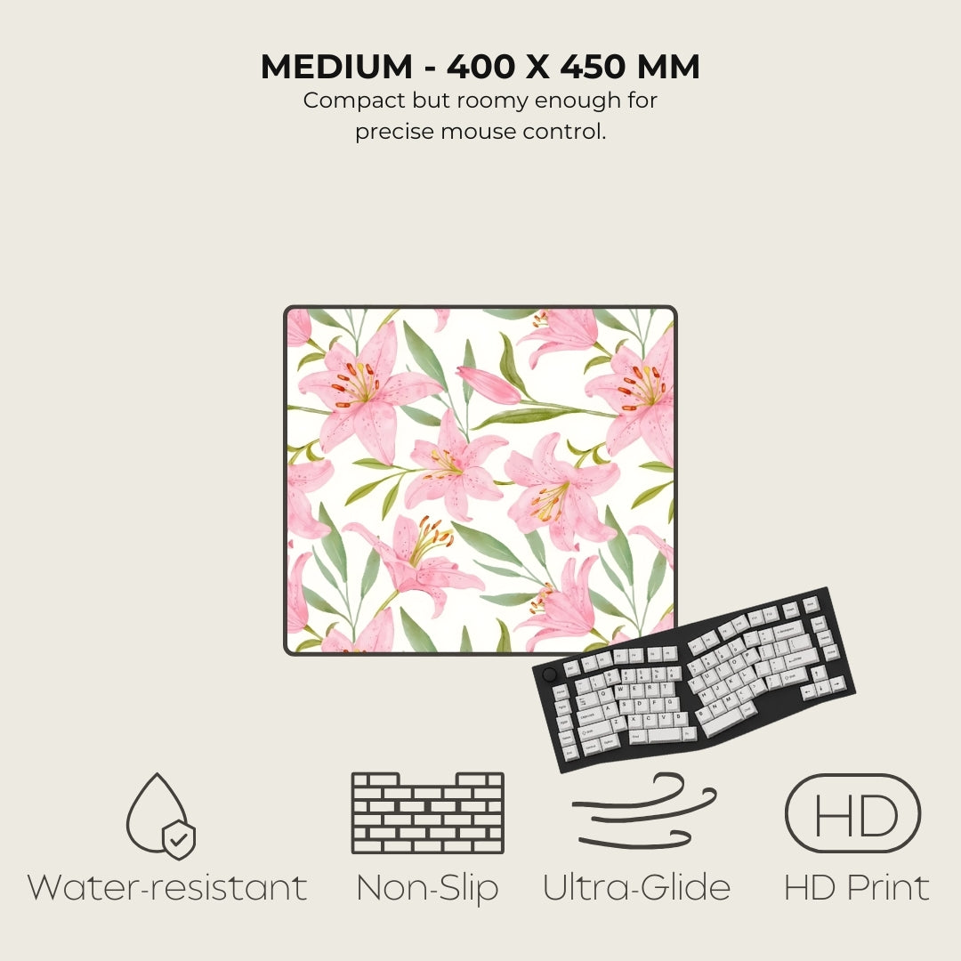 Floral mouse pad with keyboard on a light beige background, featuring text and icons about product features.
