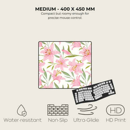 Floral mouse pad with keyboard on a light beige background, featuring text and icons about product features.