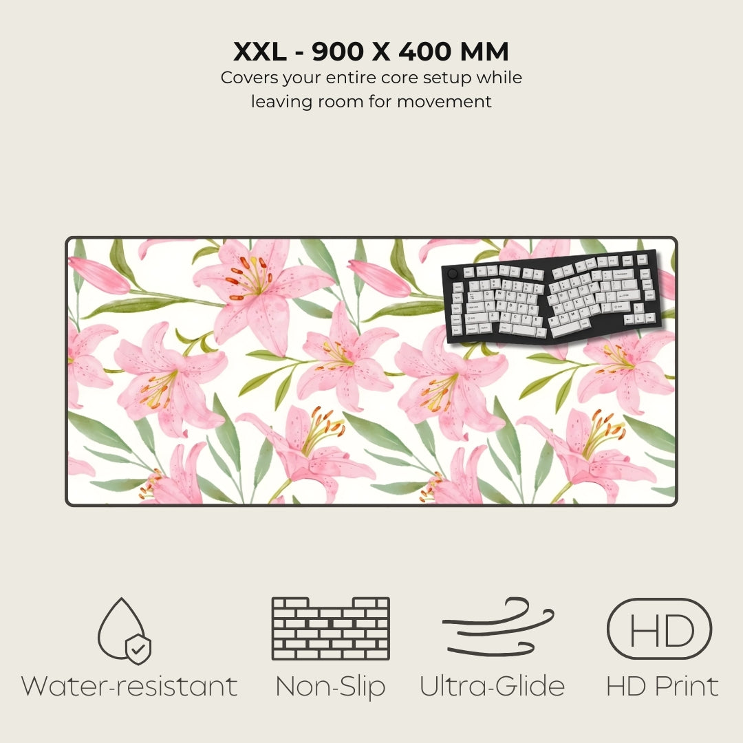 Floral patterned desk mat with keyboard illustration and product features on a light gray background