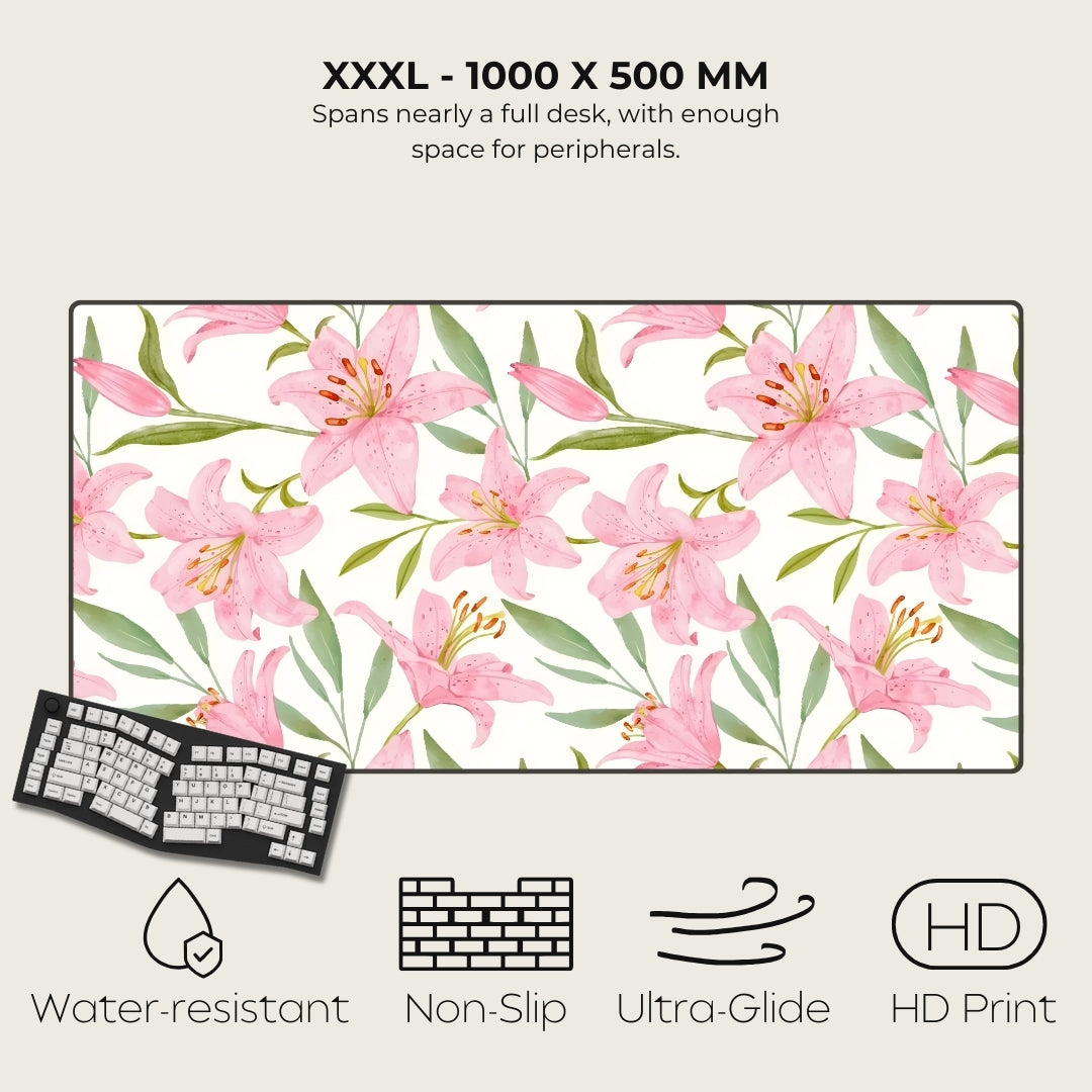 Floral desk mat with pink flowers and green leaves, keyboard on a white background