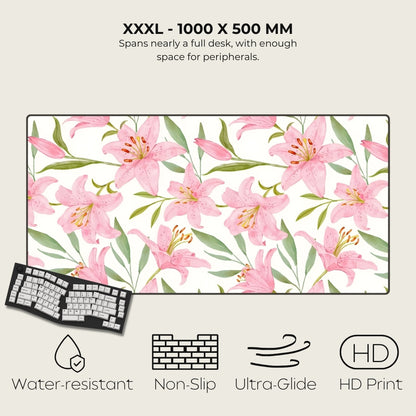 Floral desk mat with pink flowers and green leaves, keyboard on a white background
