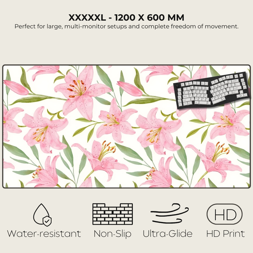 Floral mouse pad with keyboard on a light background, featuring text and icons indicating product features.