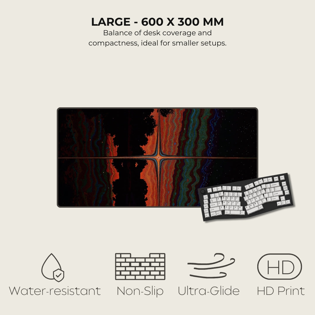 Large mouse pad with water-resistant, non-slip, ultra-glide, and HD print features on a light gray background.