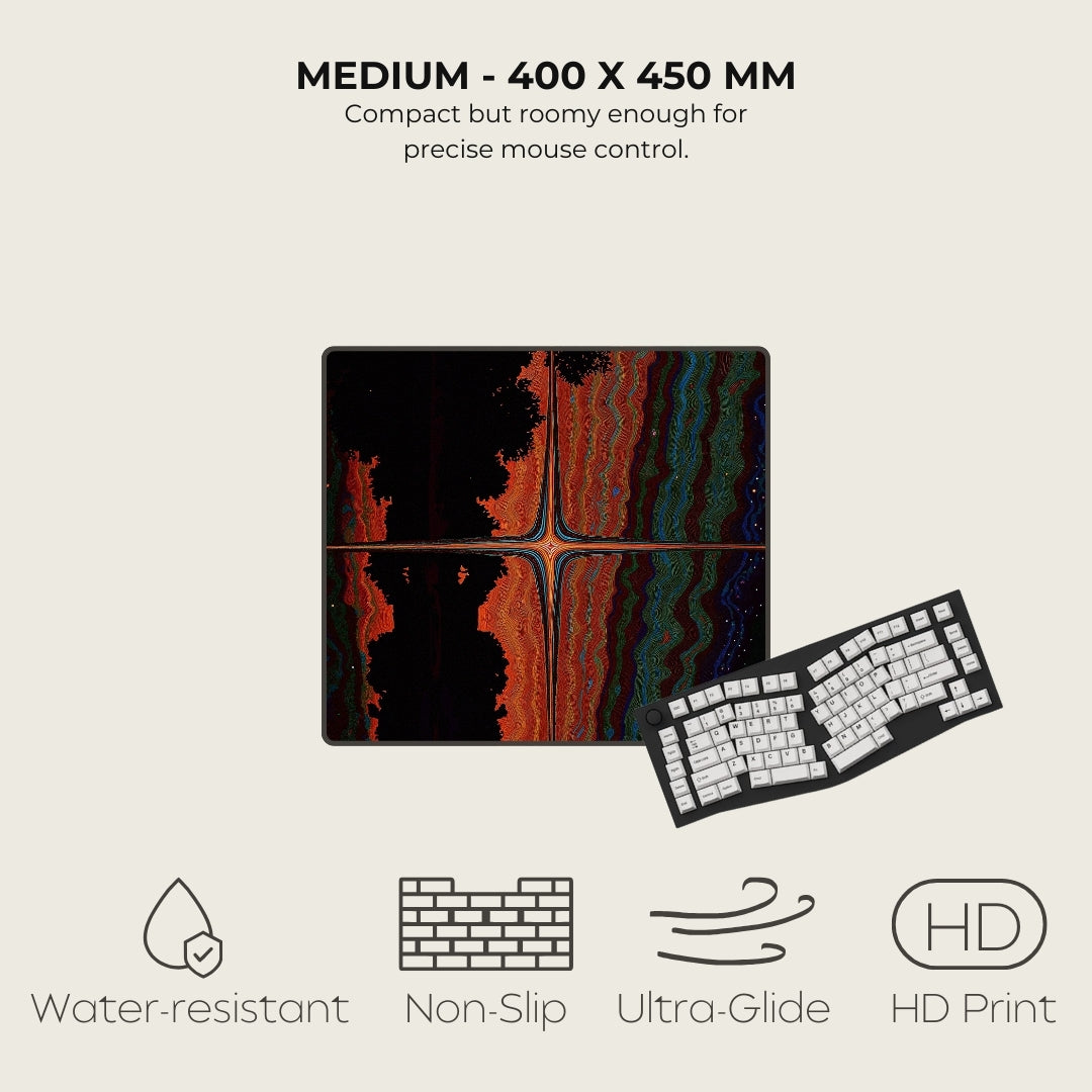 Mouse pad with keyboard on a light gray background, featuring text and icons about product specifications.