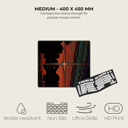 Mouse pad with keyboard on a light gray background, featuring text and icons about product specifications.