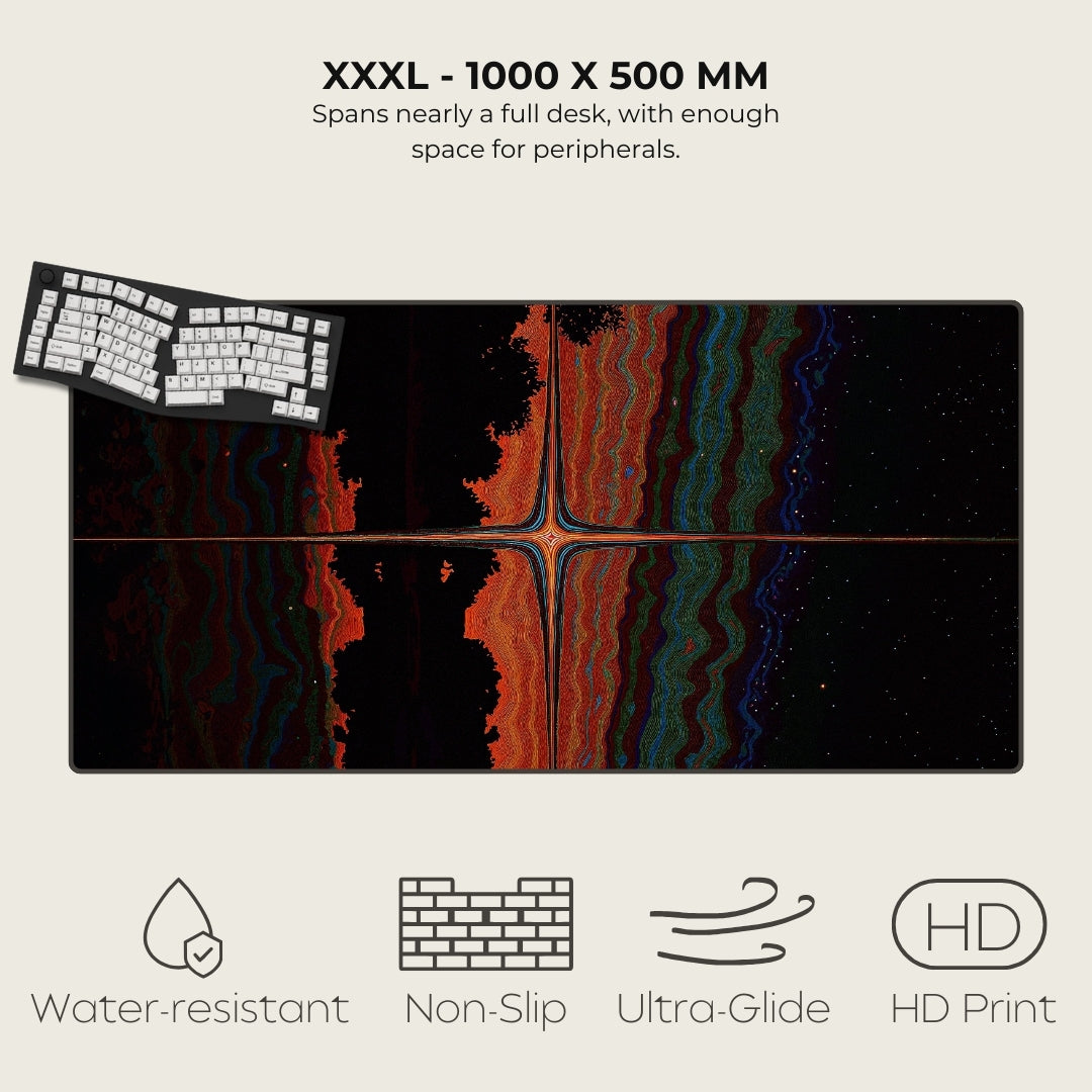 Large desk mat with a design, keyboard on top, and text about size and features.