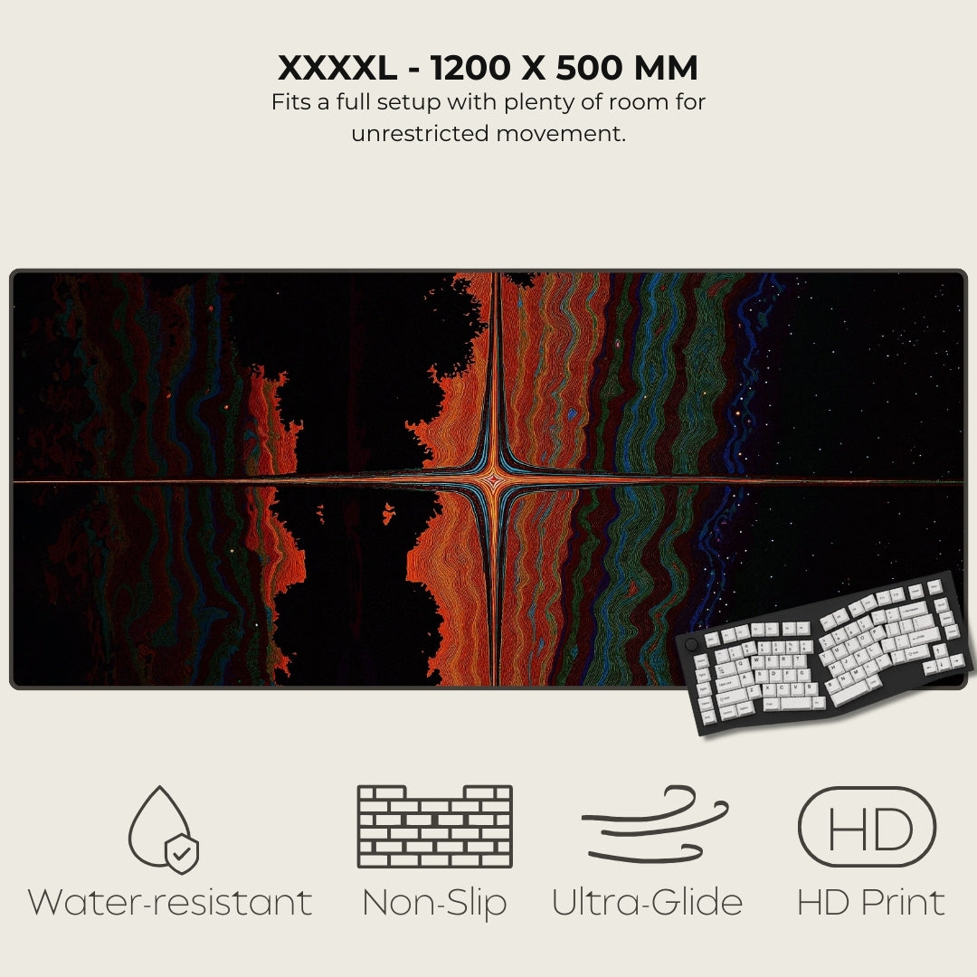 Large gaming mouse pad with artistic design and keyboard, featuring text and icons indicating product features.