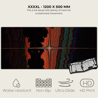 Large gaming mouse pad with artistic design and keyboard, featuring text and icons indicating product features.