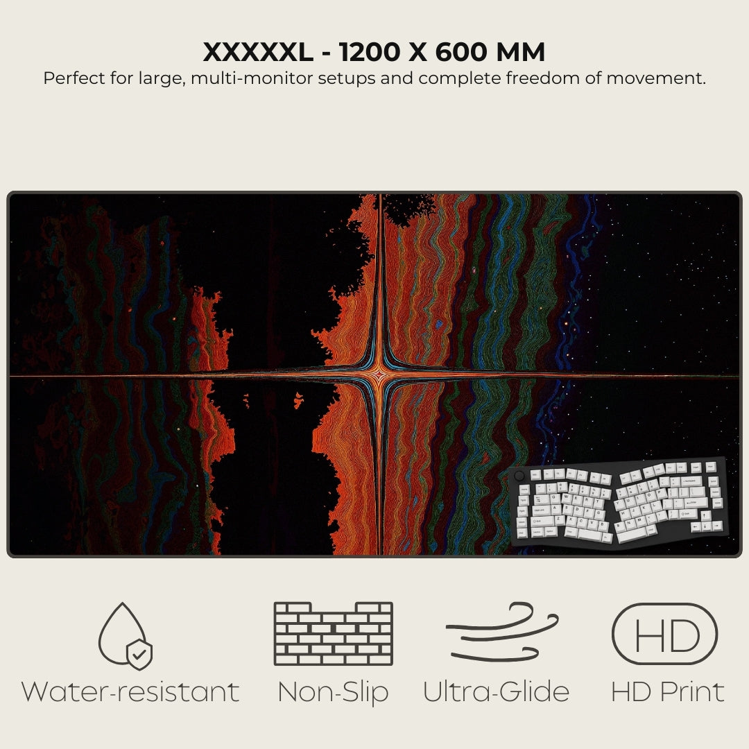 Large mouse pad with artistic design and product features on a white background