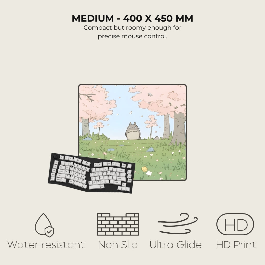 Keyboard mat with cartoon design featuring a cat and cherry blossoms, next to a keyboard. Text and icons indicating features like water-resistance, non-slip, ultra-glide, and HD print.