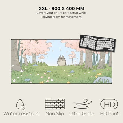 Keyboard mat with cartoon design of a forest and character, featuring text and icons indicating product features.