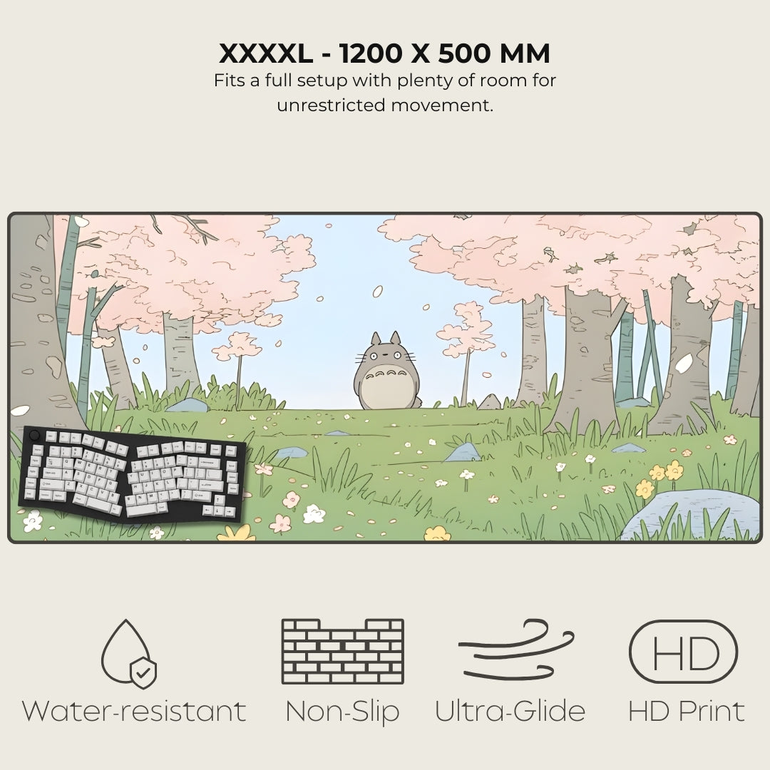 Keyboard mat with cartoon design of a character and cherry blossoms, featuring text and icons indicating product features.