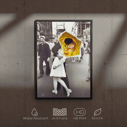 Framed artwork of a couple kissing under a yellow umbrella on a city street.