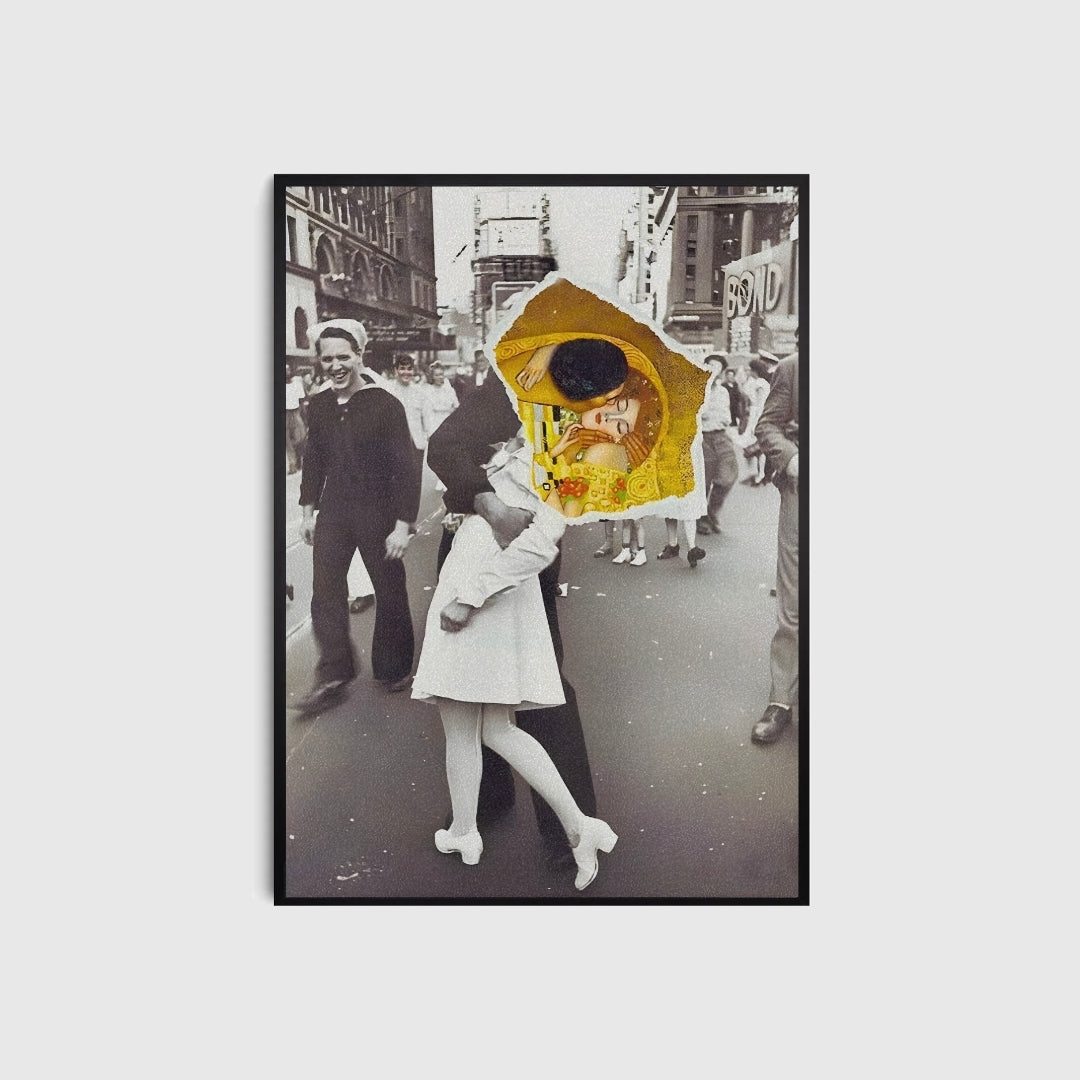 Framed artwork of a couple kissing under a yellow umbrella with a city street background.
