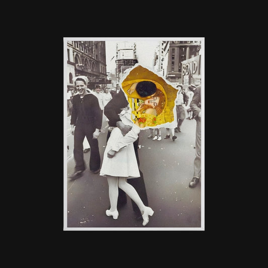 Black and white photo of a couple kissing with a yellow umbrella overlay, set against a busy city street.