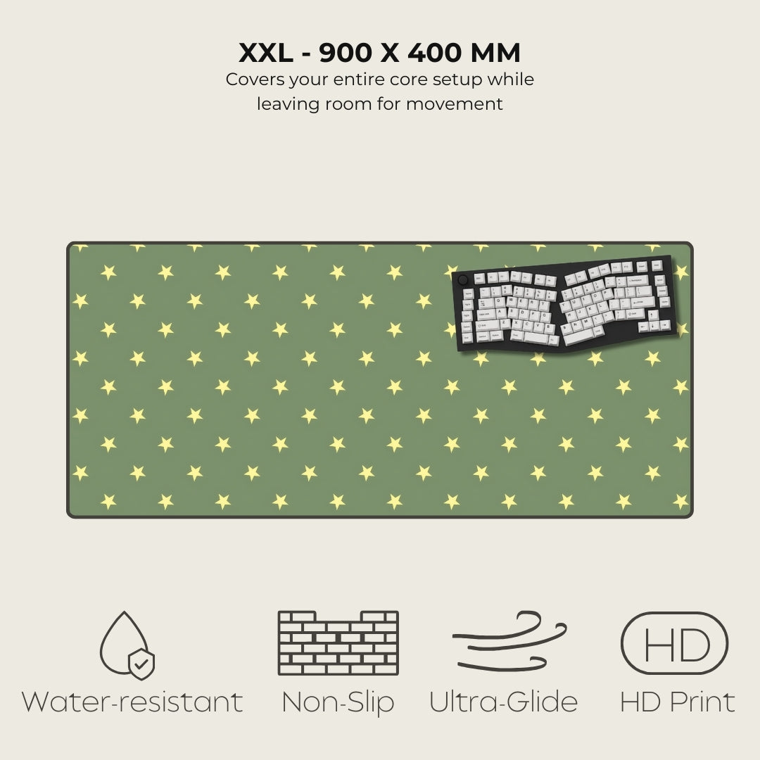 Green mouse pad with yellow star pattern and keyboard illustration, featuring text and icons on a light gray background.