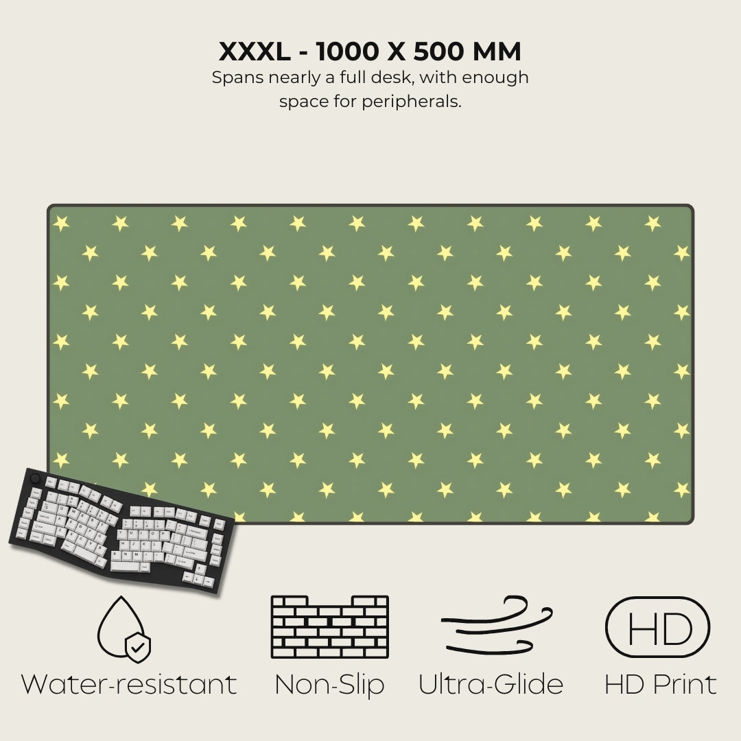 Green desk mat with yellow stars, keyboard, and product features on a white background