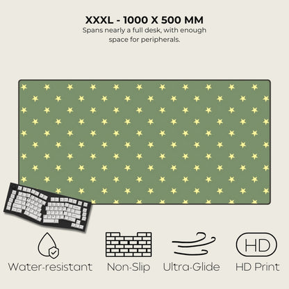Green desk mat with yellow stars, keyboard, and product features on a white background