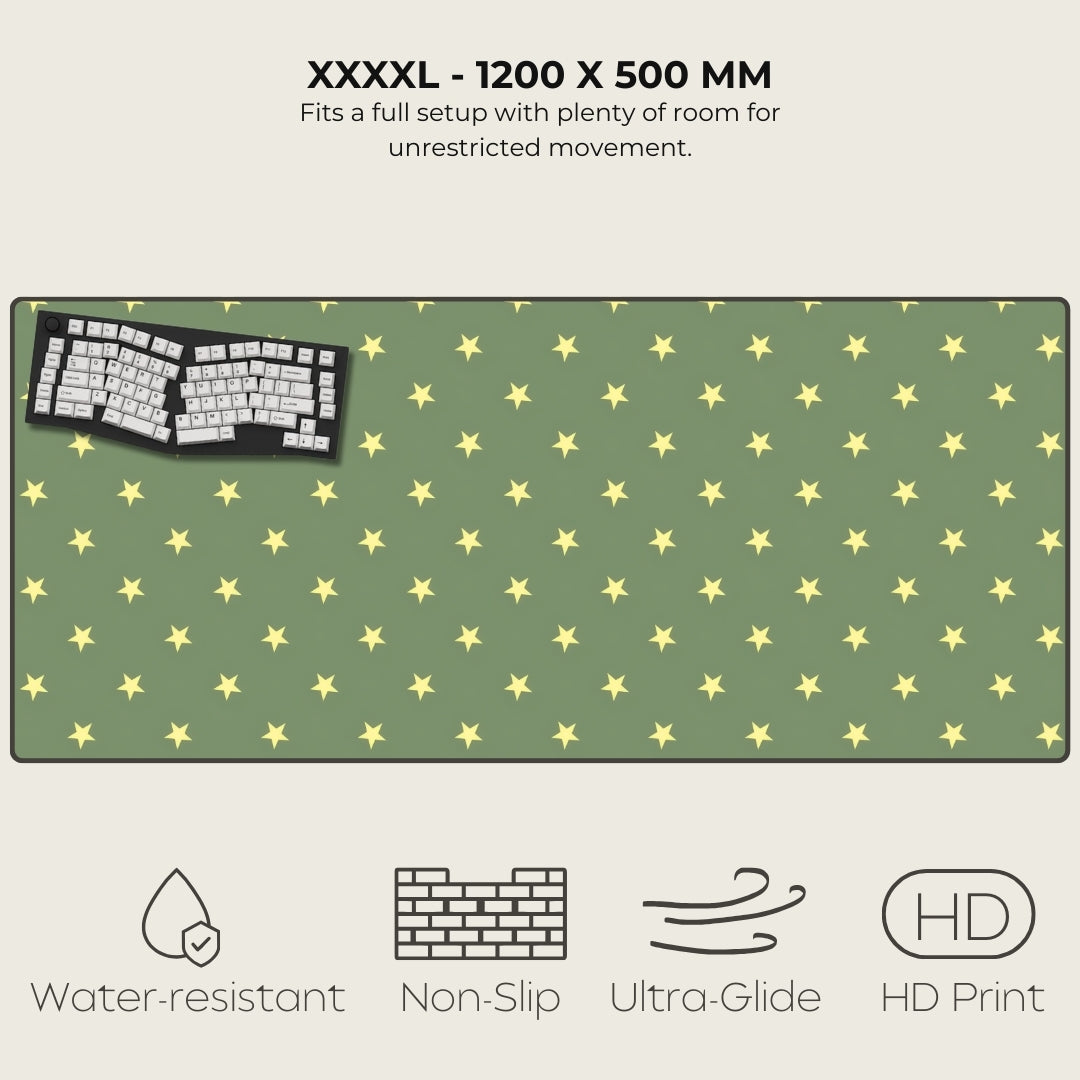 Green mouse pad with yellow star pattern and keyboard on a white background