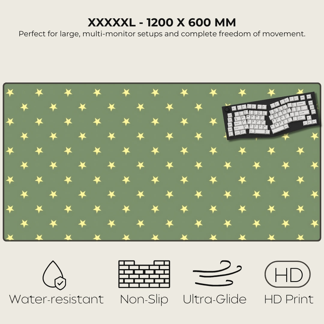 Green desk mat with yellow star pattern and keyboard illustration, featuring text and icons indicating product features.