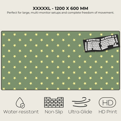 Green desk mat with yellow star pattern and keyboard illustration, featuring text and icons indicating product features.