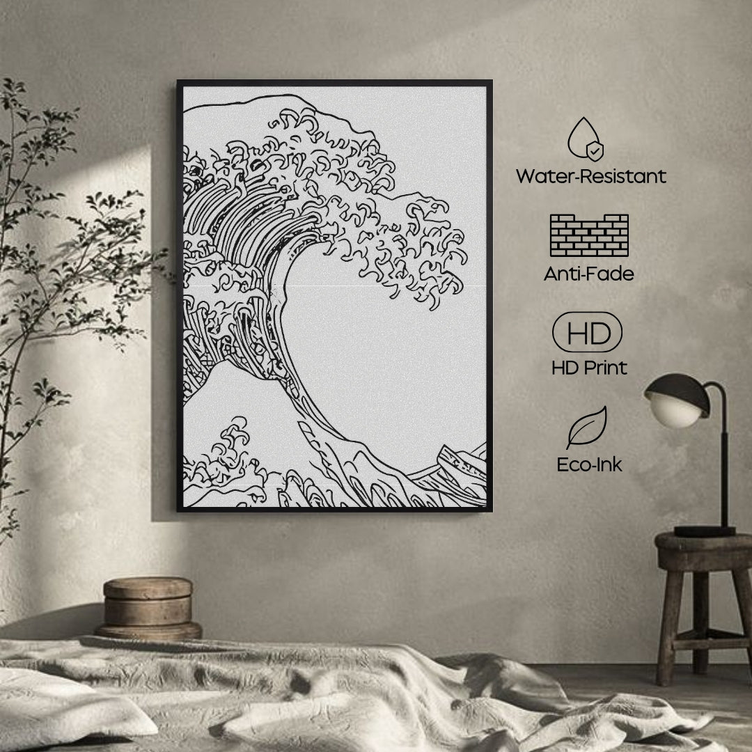 Framed artwork of a wave on a wall with water-resistant, anti-fade, HD print, and eco-ink features.
