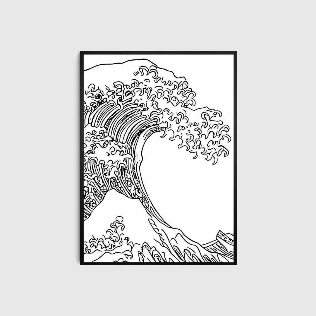 Framed black and white line art of a wave on a white background