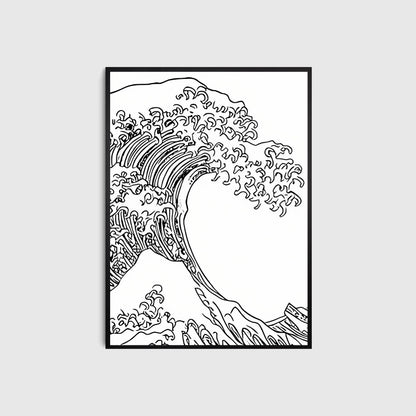 Framed black and white line art of a wave on a white background