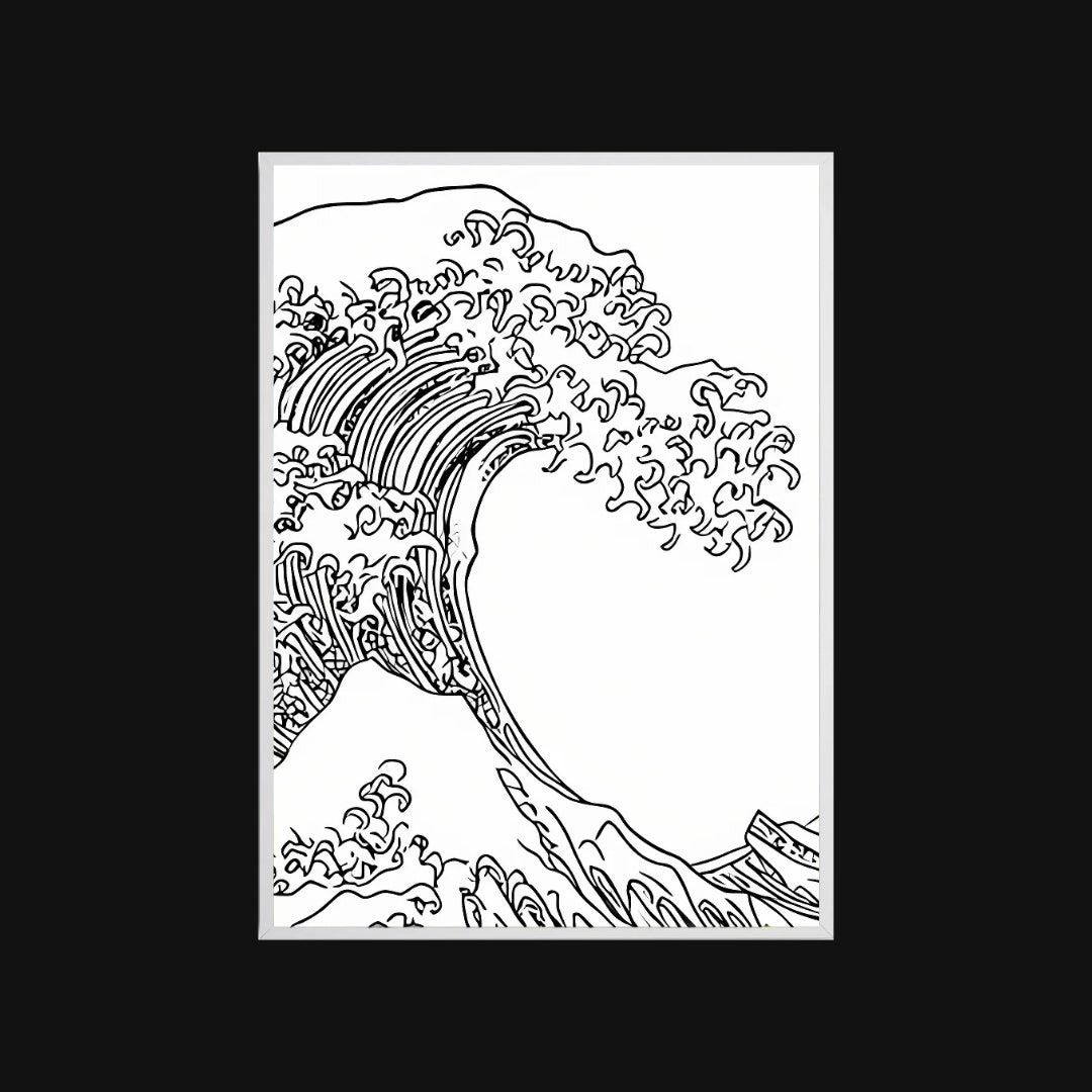 Black and white line drawing of a wave on a white background