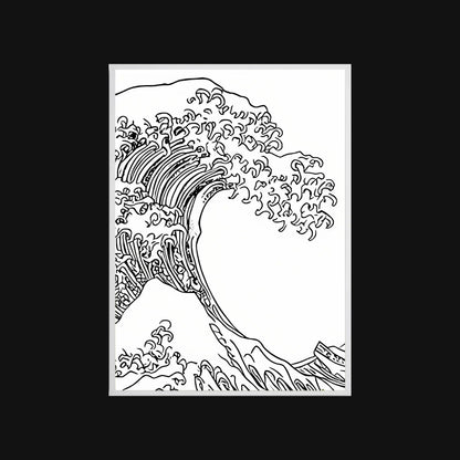 Black and white line drawing of a wave on a white background