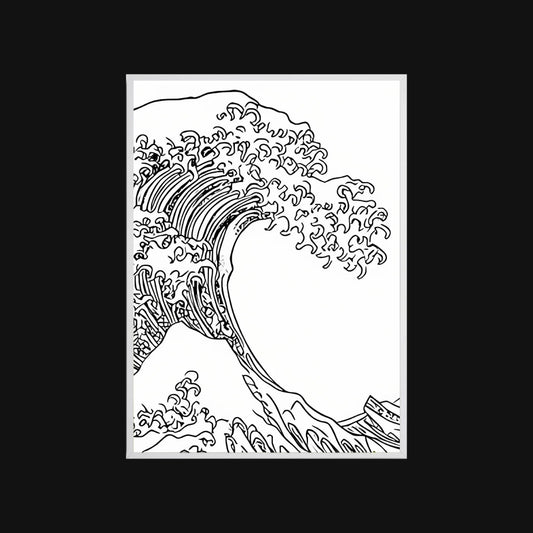 Black and white line drawing of a wave on a white background