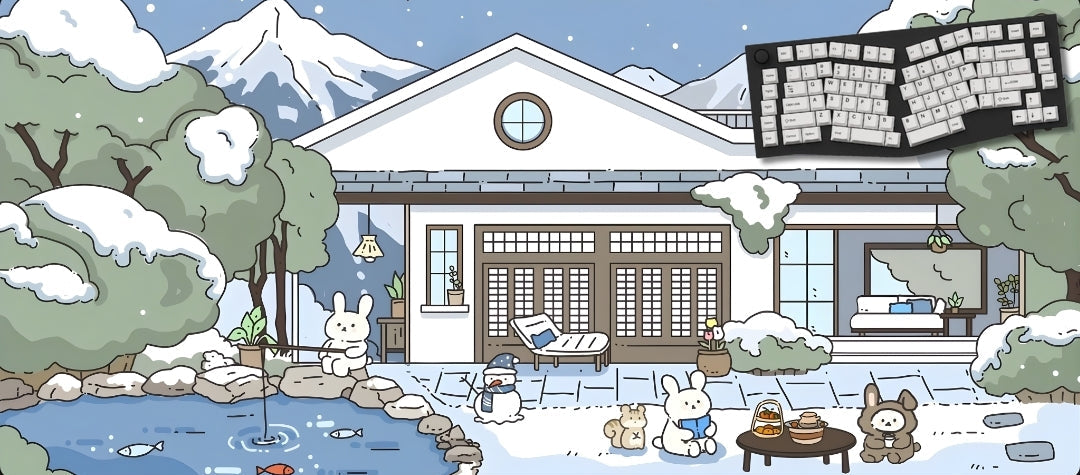 Cartoon-style house with animals around a pond in a snowy landscape
