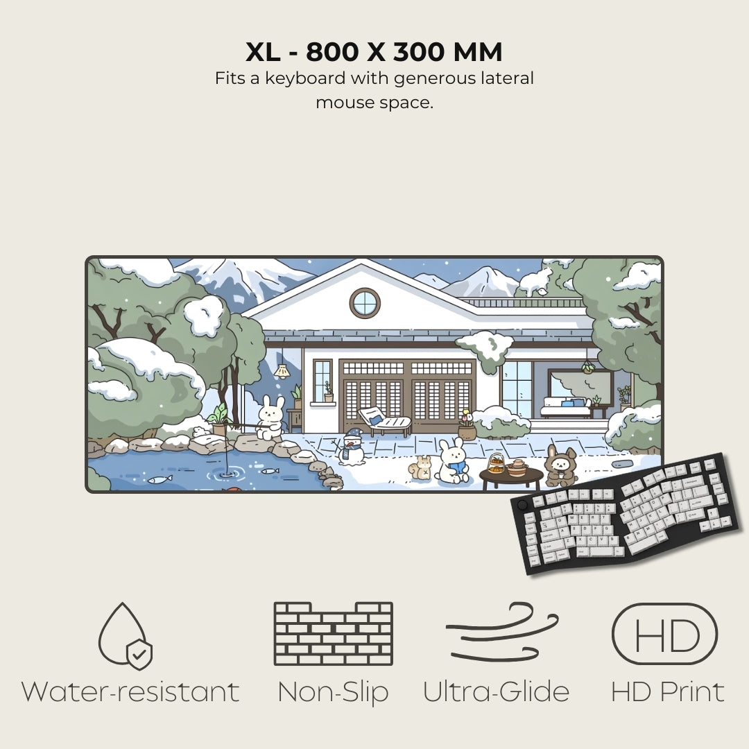 Large mouse pad with a design of a house and garden, featuring text and icons indicating product features.