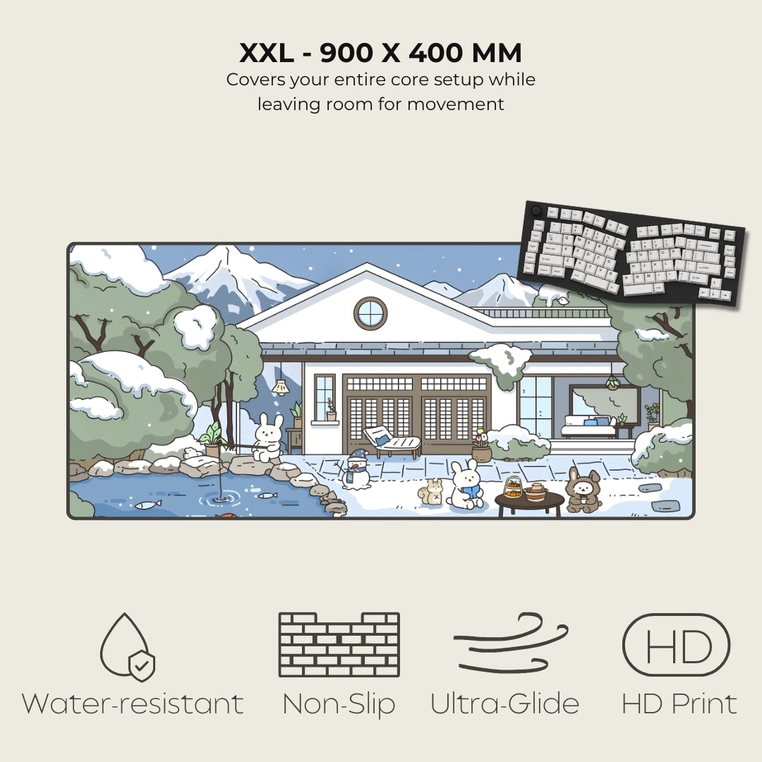 Large cartoon-style mural of a house with a pond and animals, featuring text and icons about product features.