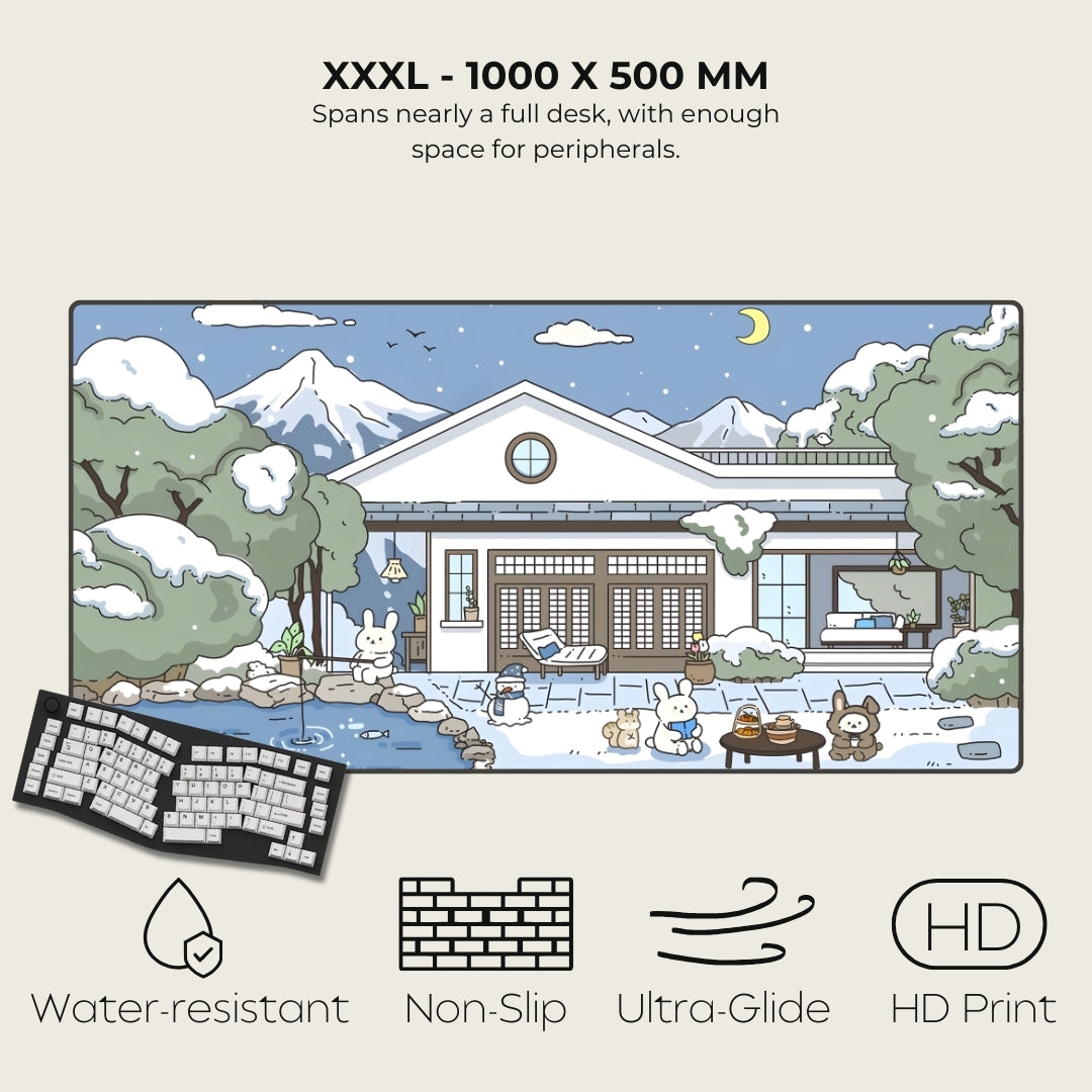 Large desk mat with cartoon house design, keyboard on the left, and product features listed.