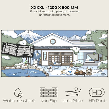 Illustration of a snowy landscape with a house, mountains, and animals, featuring text and icons about product features.