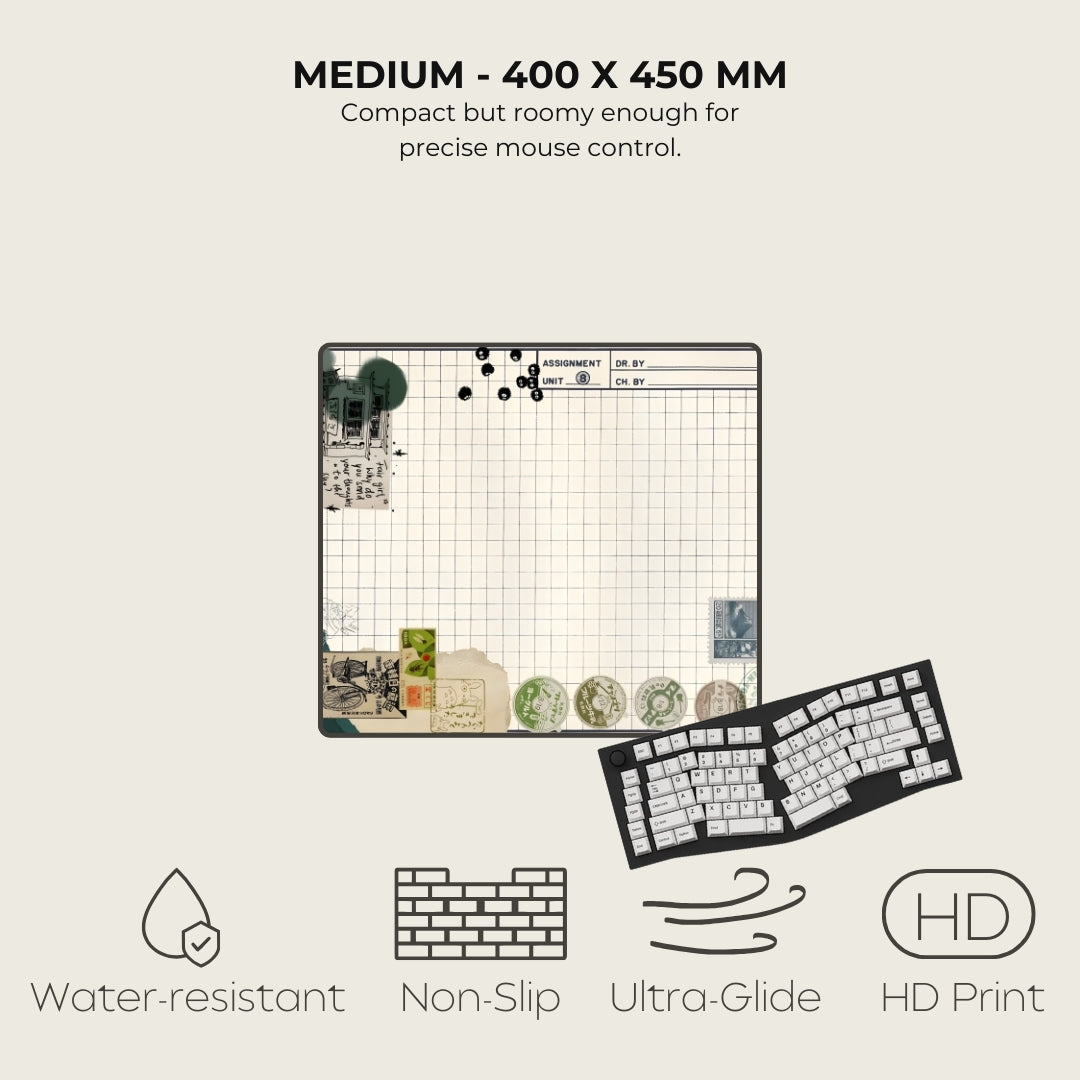 Keyboard mat with grid pattern and product features on a light gray background