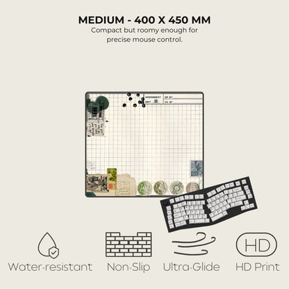 Keyboard mat with grid pattern and product features on a light gray background
