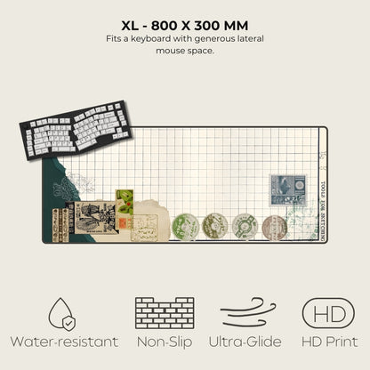 Large mouse pad with a keyboard inset, featuring dimensions and features on a light gray background.