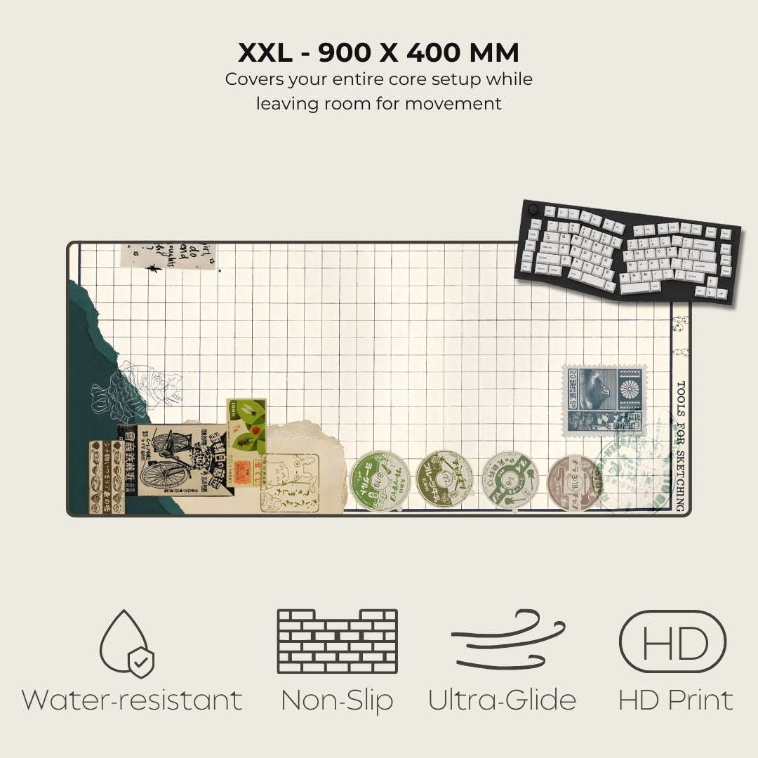 Large gaming mouse pad with product details and features on a white background