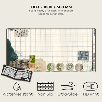 Large desk mat with grid and stationery items, featuring text and icons on a light gray background.