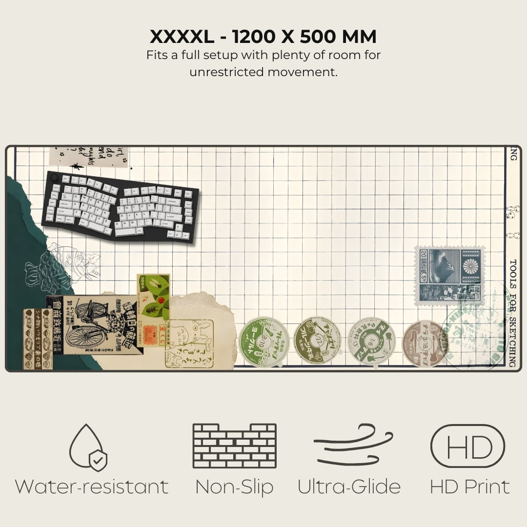 Large desk mat with keyboard and stamps, featuring text and icons indicating features.