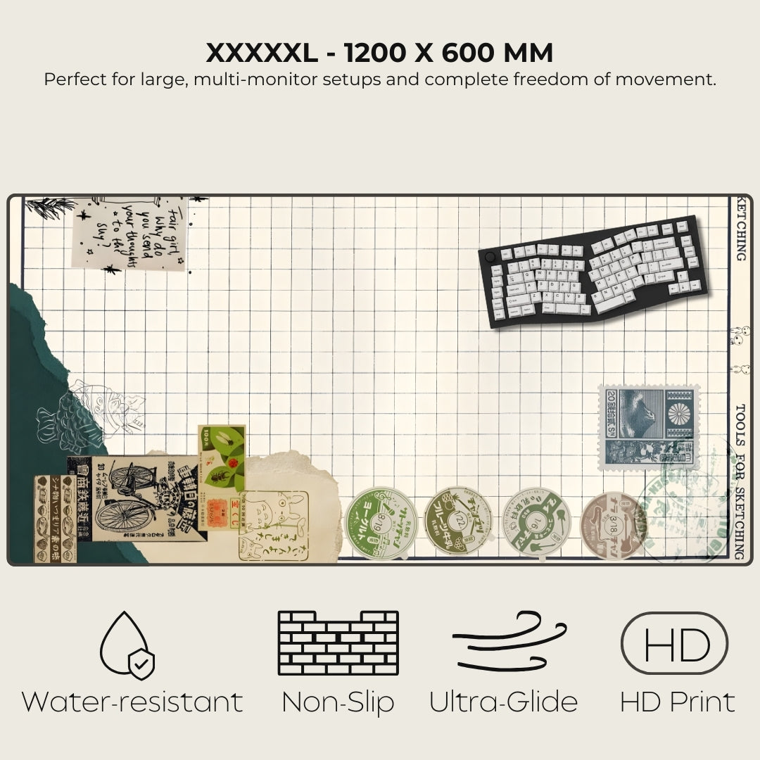 Large desk mat with various items on a white background, featuring text and icons indicating features.