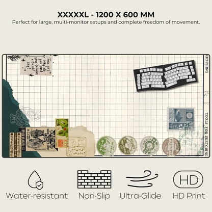 Large desk mat with various items on a white background, featuring text and icons indicating features.