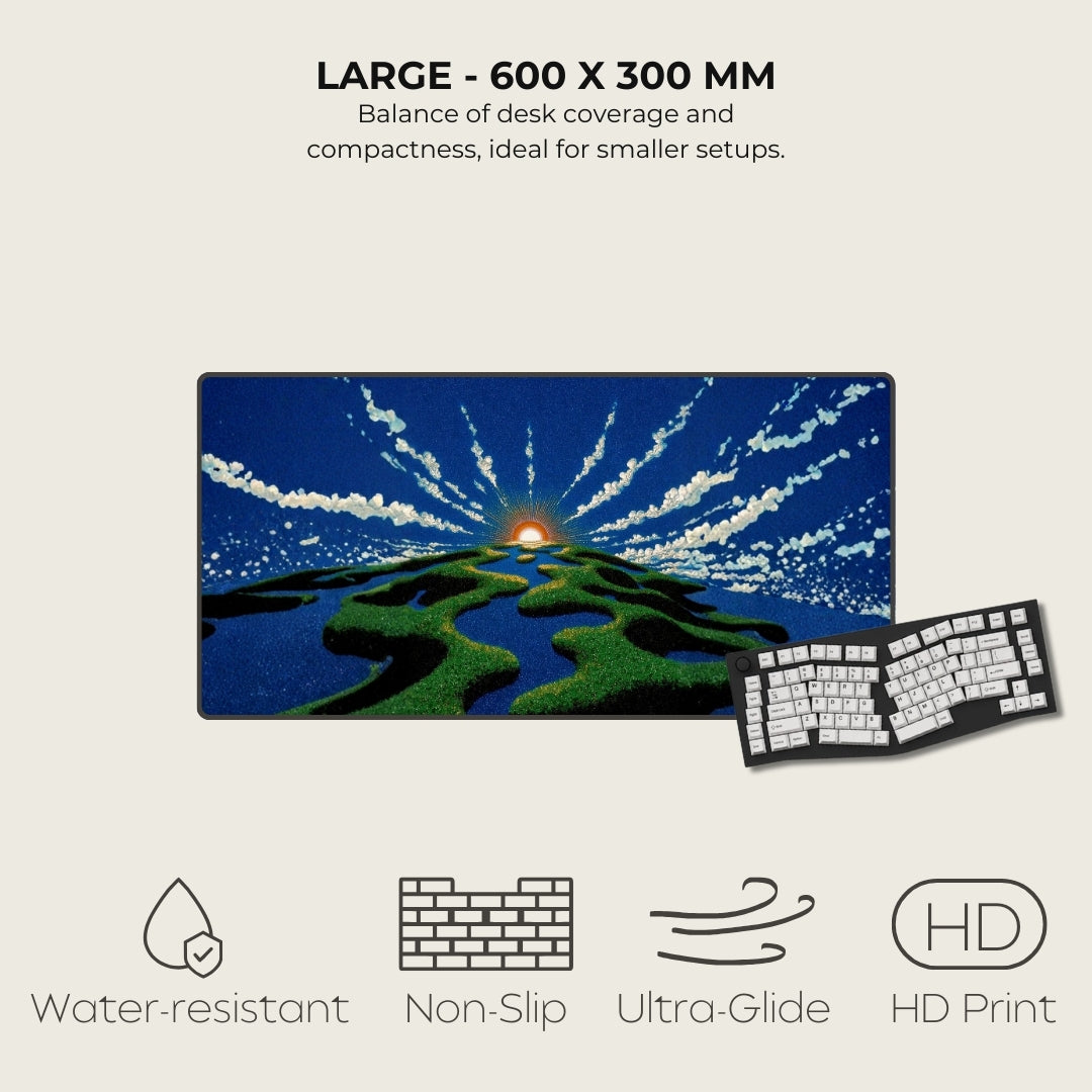 Large mouse pad with nature design and keyboard, featuring text and icons on a light gray background.