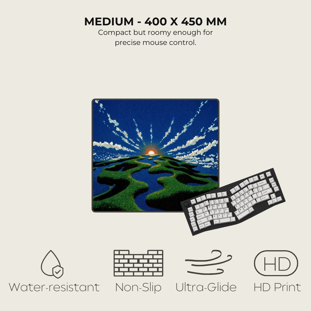 Keyboard mat with scenic design and keyboard on a light gray background, featuring text and icons about product specifications.