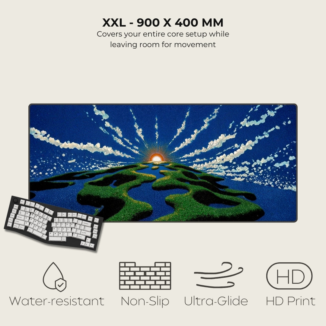 Large mouse pad with scenic design, keyboard, and feature icons on a light gray background