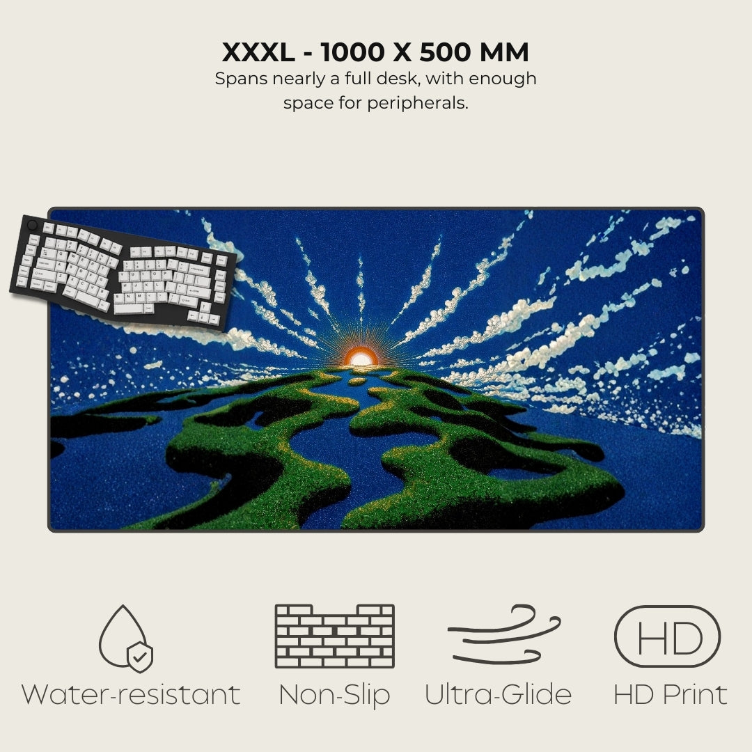 Large mouse pad with a scenic design, keyboard on top, and product features listed.